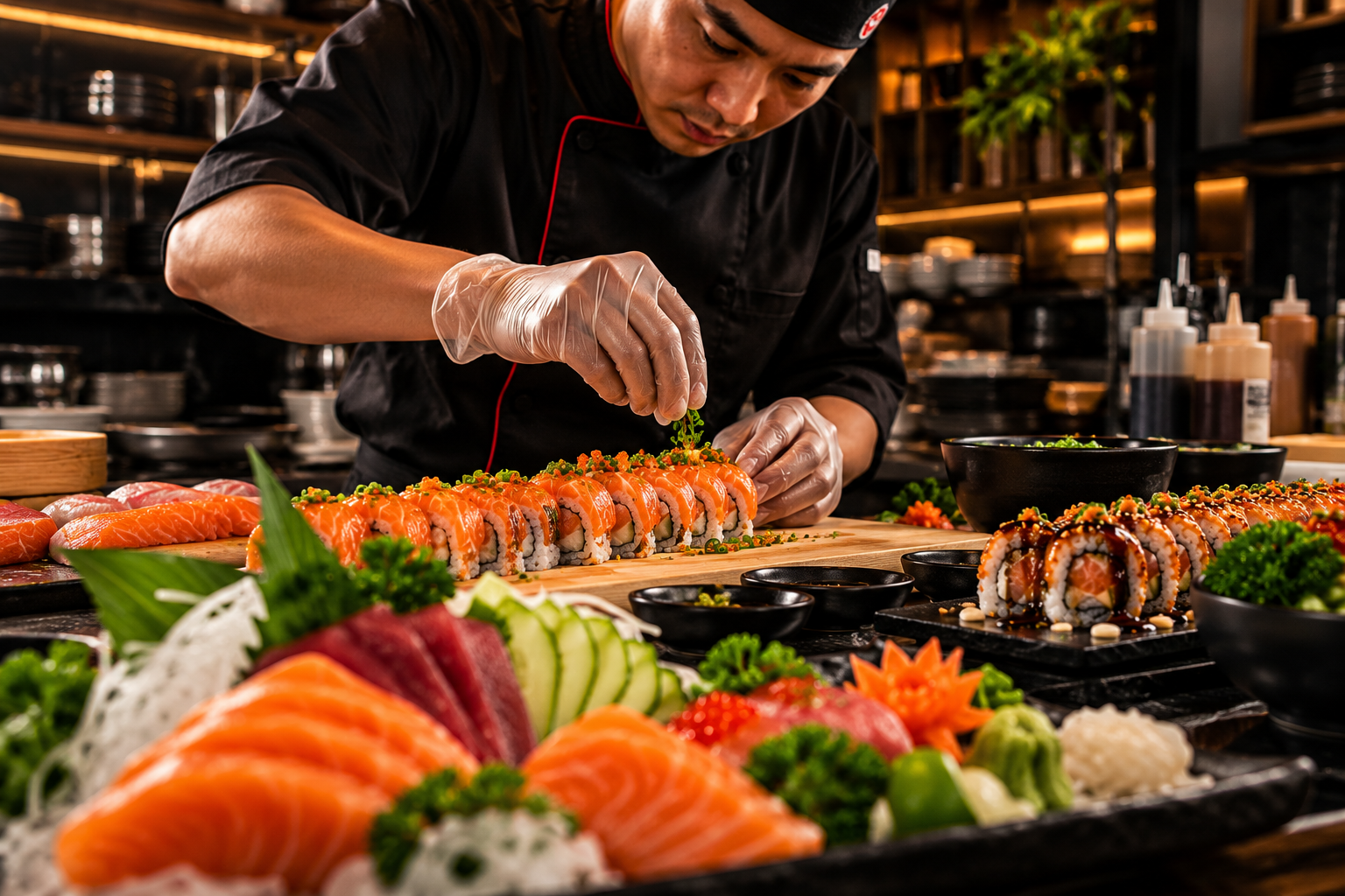 Equipe preparando sushi na cozinha do SushiHiato